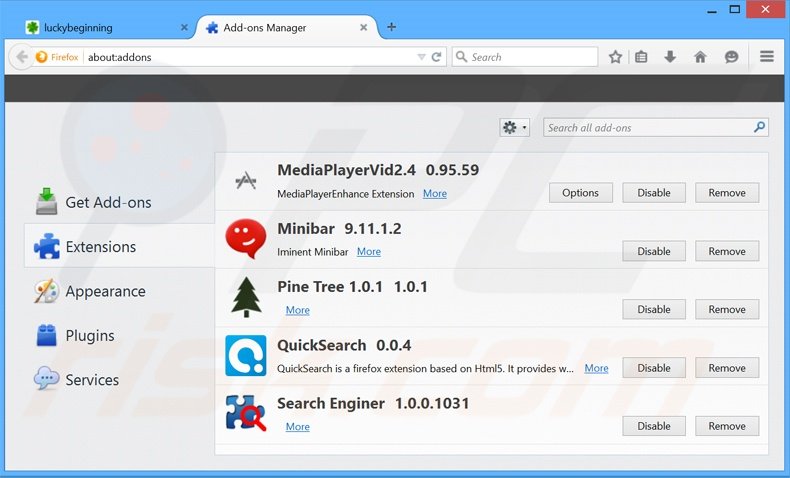 Eliminando luckybeginning.com de las extensiones de Mozilla Firefox