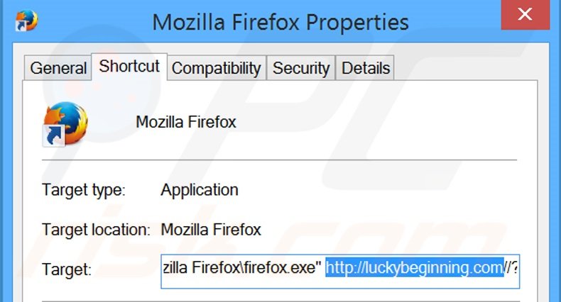 Eliminar luckybeginning.com del destino del acceso directo de Mozilla Firefox paso 2