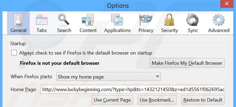 Eliminando luckybeginning.com de la página de inicio de Mozilla Firefox