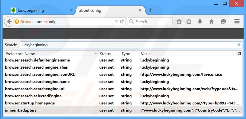 Eliminar luckybeginning.com del motor de búsqueda por defecto de Mozilla Firefox