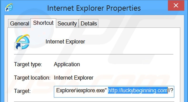 Eliminar luckybeginning.com del destino del acceso directo de Internet Explorer paso 2