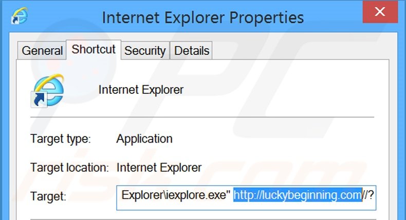 Eliminar luckybeginning.com del destino del acceso directo de Internet Explorer paso 2