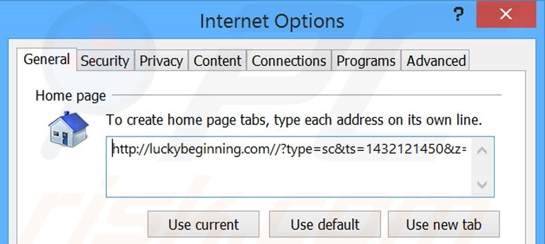 Eliminando luckybeginning.com de la página de inicio de Internet Explorer