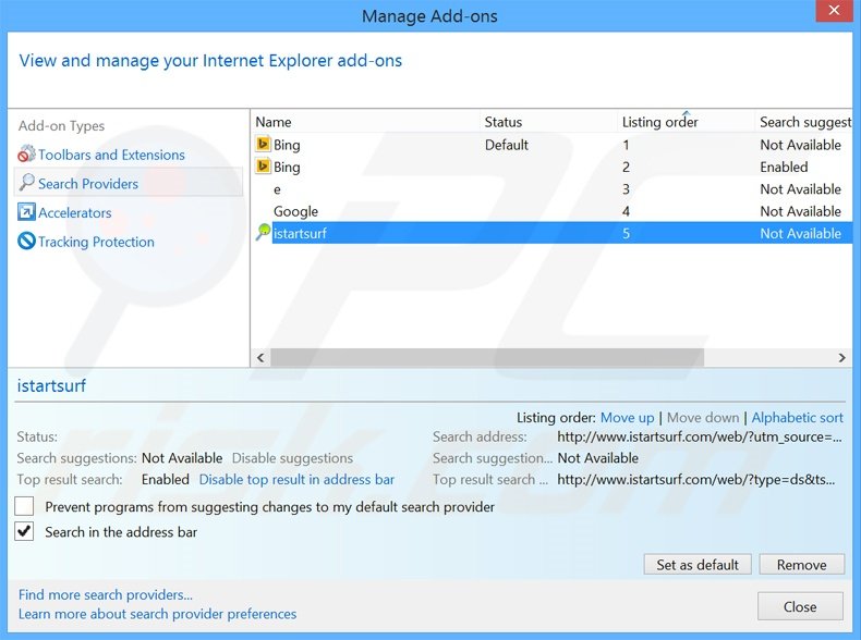 Eliminando luckybeginning.com del motor de búsqueda por defecto de Internet Explorer