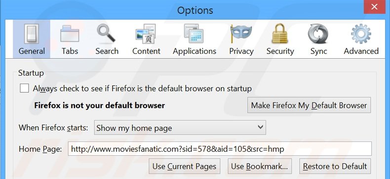 Eliminando moviesfanatic.com de la página de inicio de Mozilla Firefox