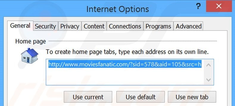 Eliminando moviesfanatic.com de la página de inicio de Internet Explorer