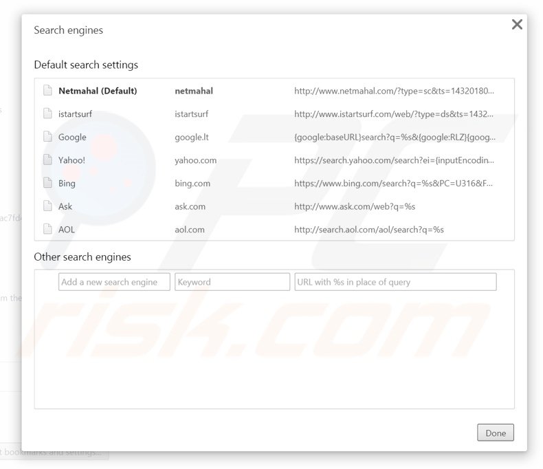 Eliminando netmahal.com del motor de búsqueda por defecto de Google Chrome