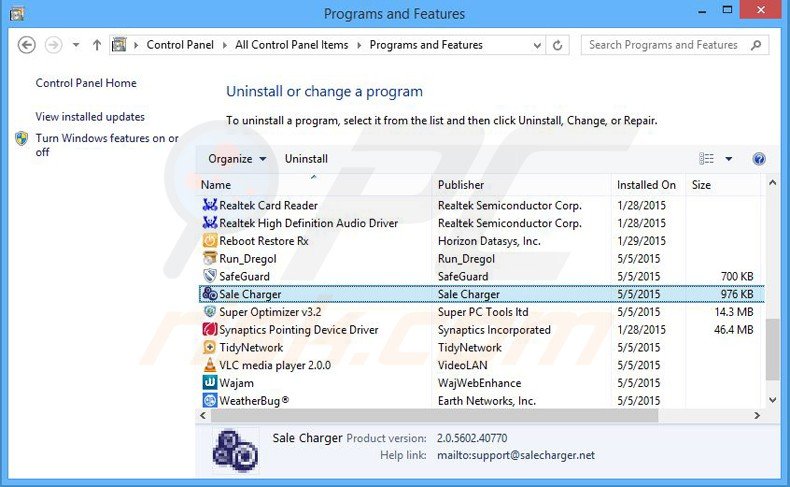 desinstalar el software publicitario sale charger del Panel de control