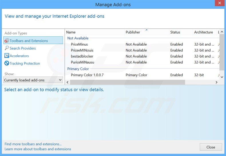 Elimine de Internet Explorer las extensiones relacionadas con websearch.searchtotal.info: