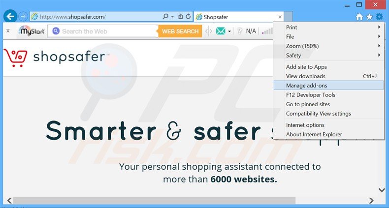 Eliminando los anuncios de Shopsafer de Internet Explorer paso 1