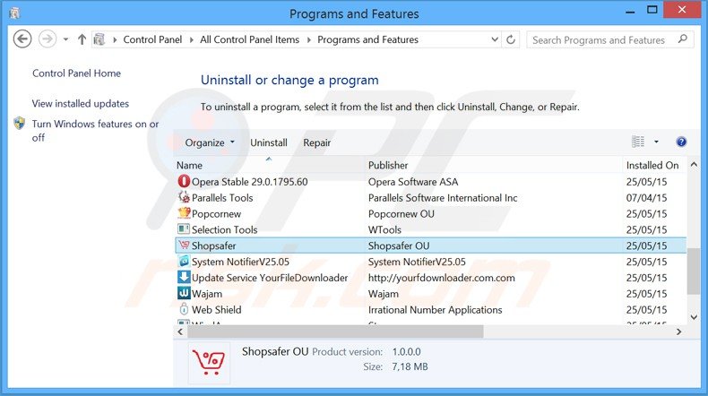 desinstalar el adware Shopsafer del Panel de control