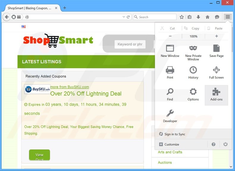 Eliminando los anuncios ShopSmart de Mozilla Firefox paso 1