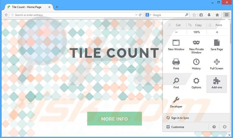 Eliminando los anuncios de Tile Count de Mozilla Firefox paso 1