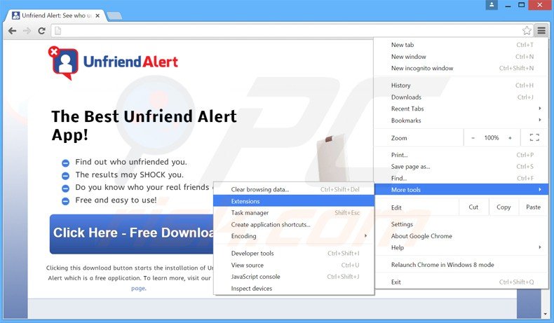 Eliminando los anuncios de Unfriend Alert de Google Chrome paso 1