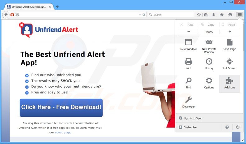 Eliminando los anuncios de Unfriend Alert de Mozilla Firefox paso 1