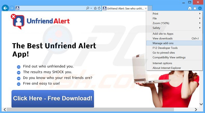 Eliminando los anuncios de Unfriend Alert de Internet Explorer paso 1
