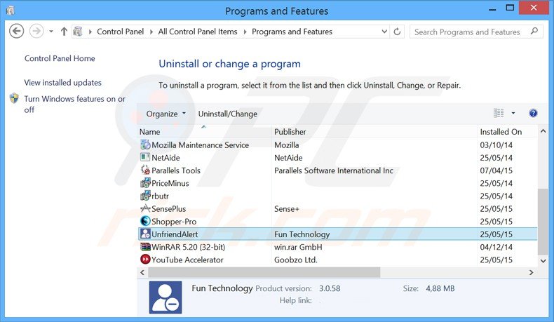 desinstalar el adware Unfriend alert del Panel de control