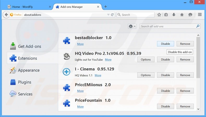 Eliminando los anuncios WordFly de Mozilla Firefox paso 2
