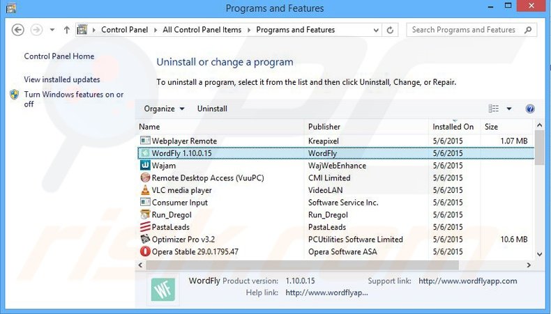 desinstalar el adware WordFly del Panel de control