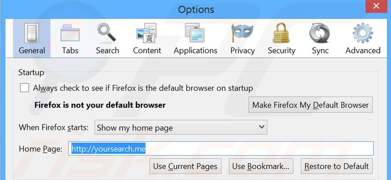 Eliminando yousearch.me de la página de inicio de Mozilla Firefox