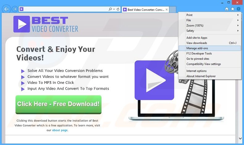 Eliminando los anuncios de BestVideoConverter de Internet Explorer paso 1