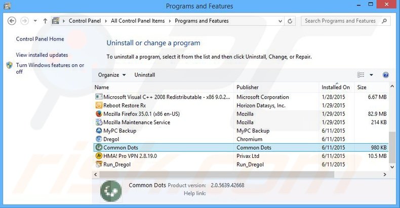 desinstalar el adware common Dots del Panel de control