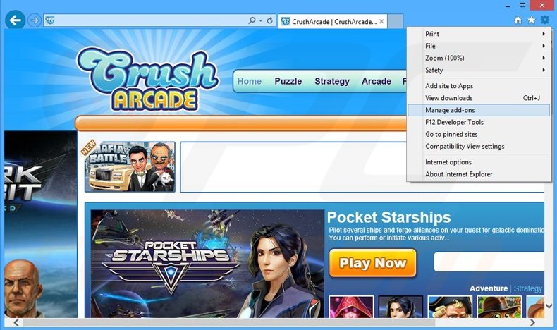 Eliminando los anuncios de CrushArcade de Internet Explorer paso 1