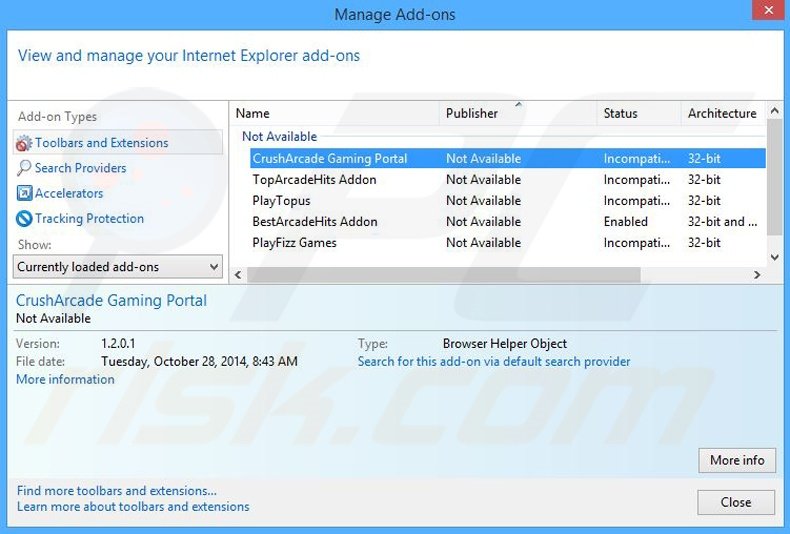 Eliminando los anuncios de CrushArcade de Internet Explorer paso 2