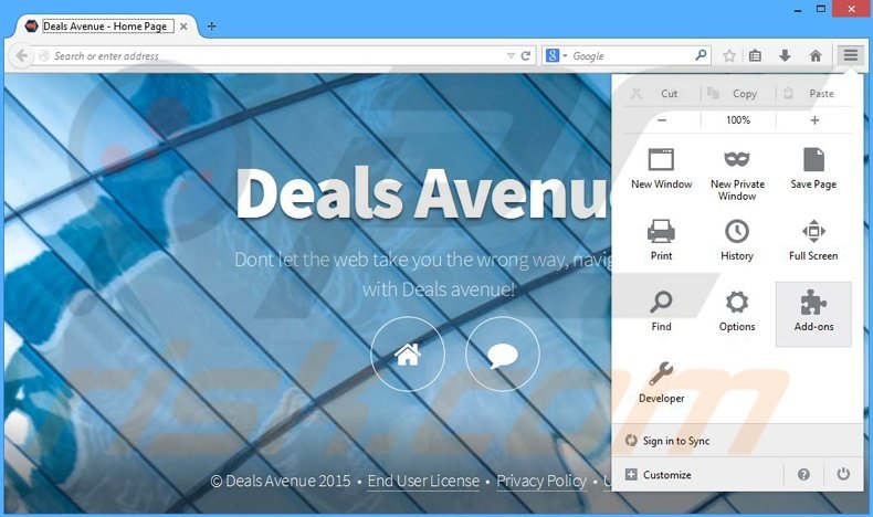 Eliminando los anuncios de Deals Avenue de Mozilla Firefox paso 1