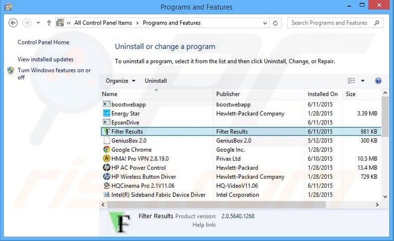 desinstalar el adware Filter Results del Panel de control