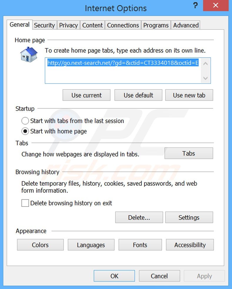 Eliminando go.next-search.net de la página de inicio de Internet Explorer