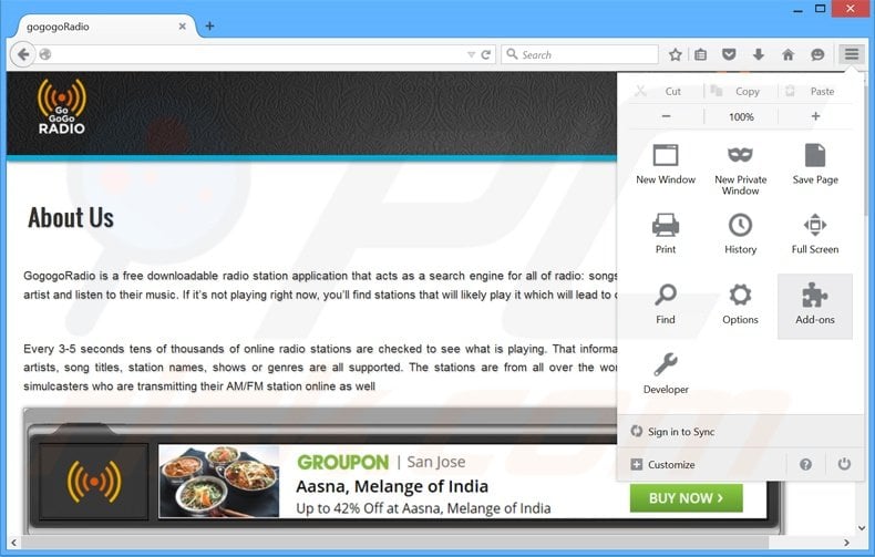 Eliminando los anuncios GoGoGoRadio de Mozilla Firefox paso 1