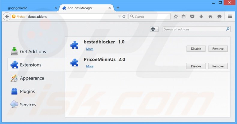 Eliminando los anuncios GoGoGoRadio de Mozilla Firefox paso 2