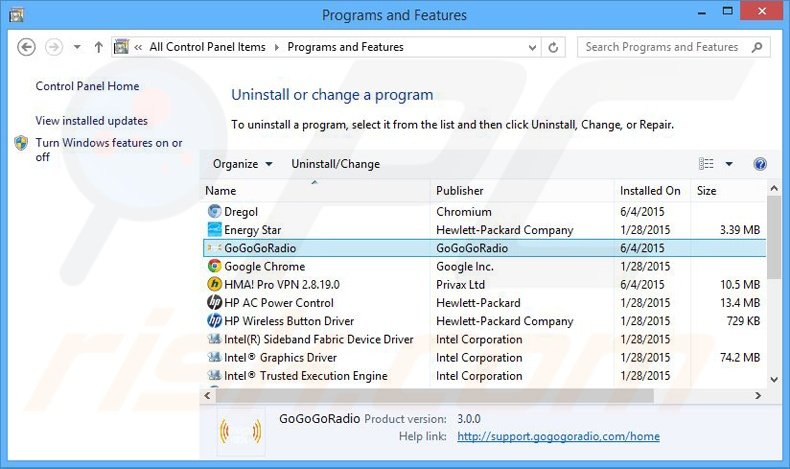 desinstalar el adware GoGoGoRadio del Panel de control