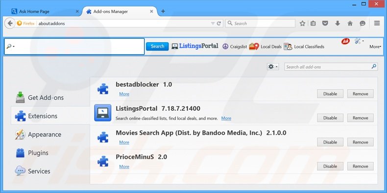 Eliminando home.tb.ask.com de las extensiones de Mozilla Firefox