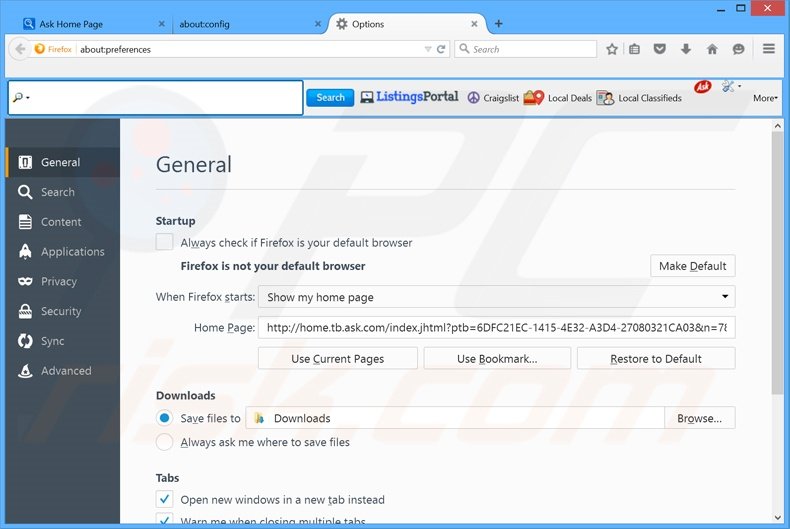 Eliminando home.tb.ask.com de la página de inicio de Mozilla Firefox