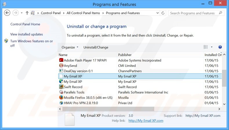 desinstalar el secuestrador de navegadores search.myemailxp.com desde el Panel de control