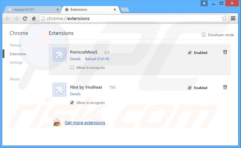Eliminando las extensiones vinculadas a mysearch123.com en Google Chrome