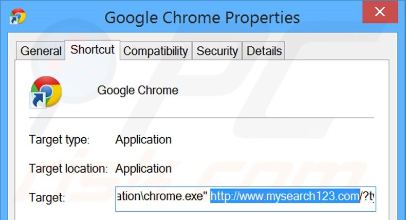 Eliminar mysearch123.com del destino del acceso directo de Google Chrome paso 2