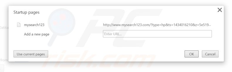 Eliminando mysearch123.com de la página de inicio de Google Chrome