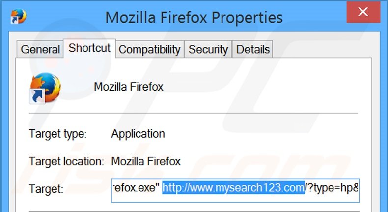 Eliminar mysearch123.com del destino del acceso directo de Mozilla Firefox paso 2