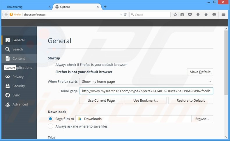 Eliminando mysearch123.com de la página de inicio de Mozilla Firefox