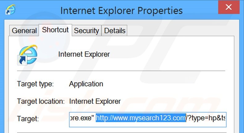 Eliminar mysearch123.com del destino del acceso directo de Internet Explorer paso 2