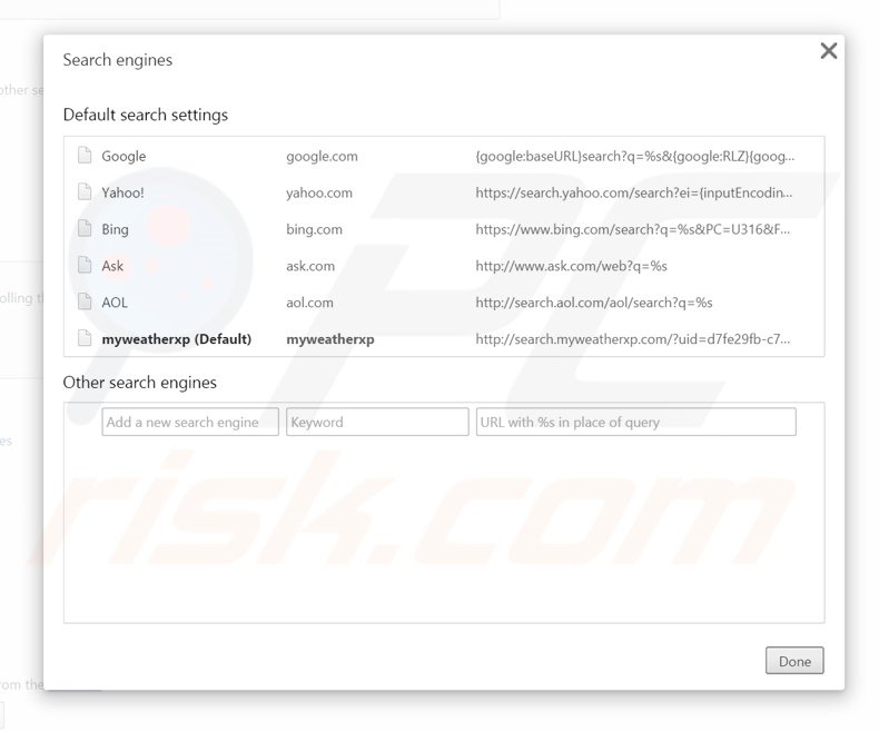 Eliminando search.myweatherxp.com del motor de búsqueda por defecto de Google Chrome