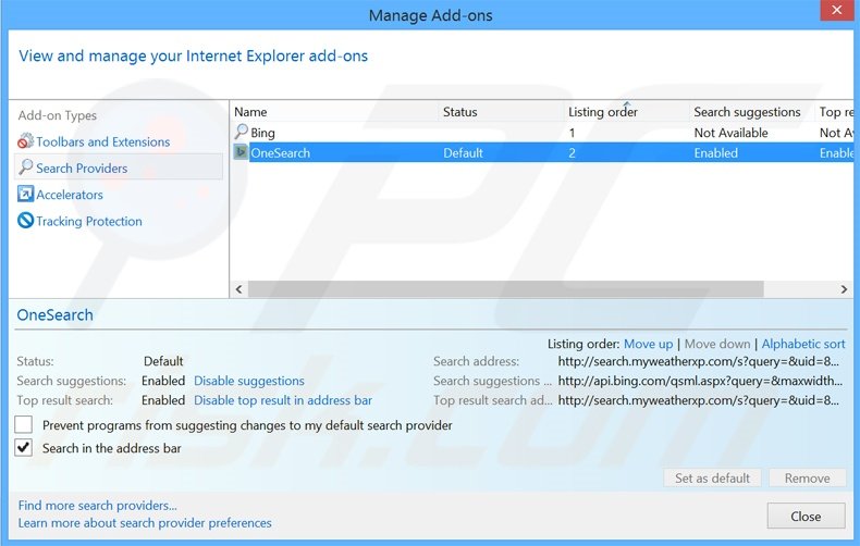 Eliminando search.myweatherxp.com del motor de búsqueda por defecto de Internet Explorer