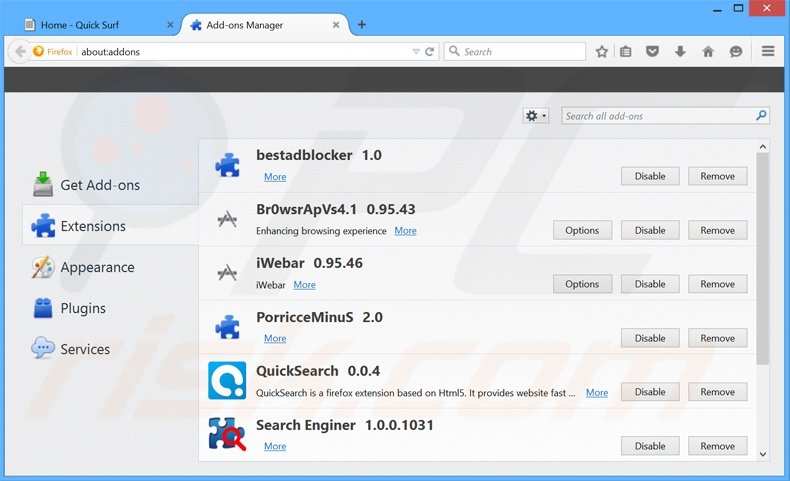 Eliminando los anuncios de Quick Surf de Mozilla Firefox paso 2