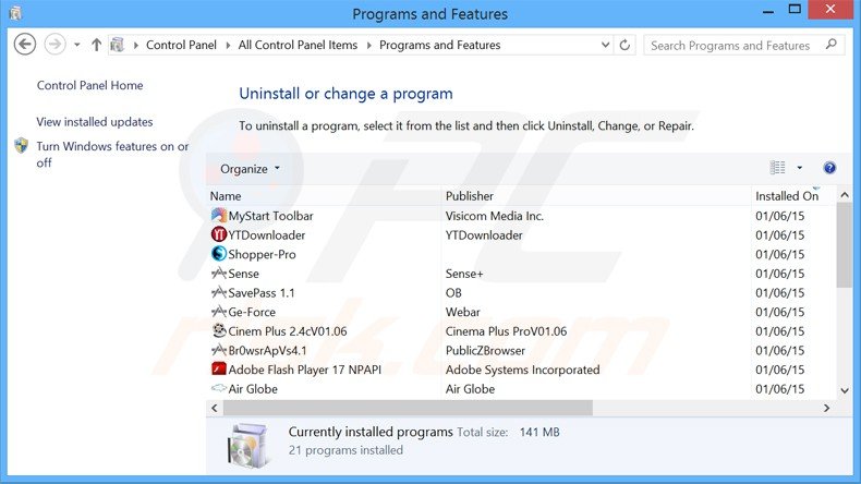 desinstalar el adware razor Web del Panel de control