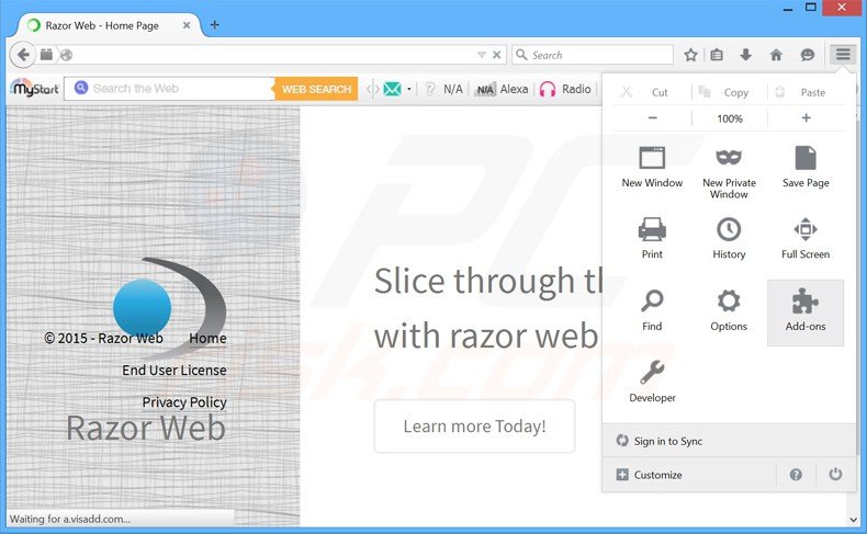 Eliminando los anuncios de razor Web de Mozilla Firefox paso 1