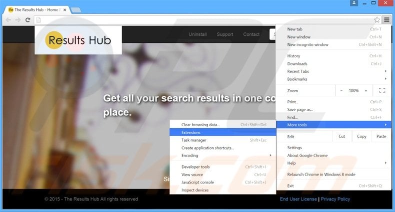 Eliminando los anuncios de The Results Hub de Google Chrome paso 1