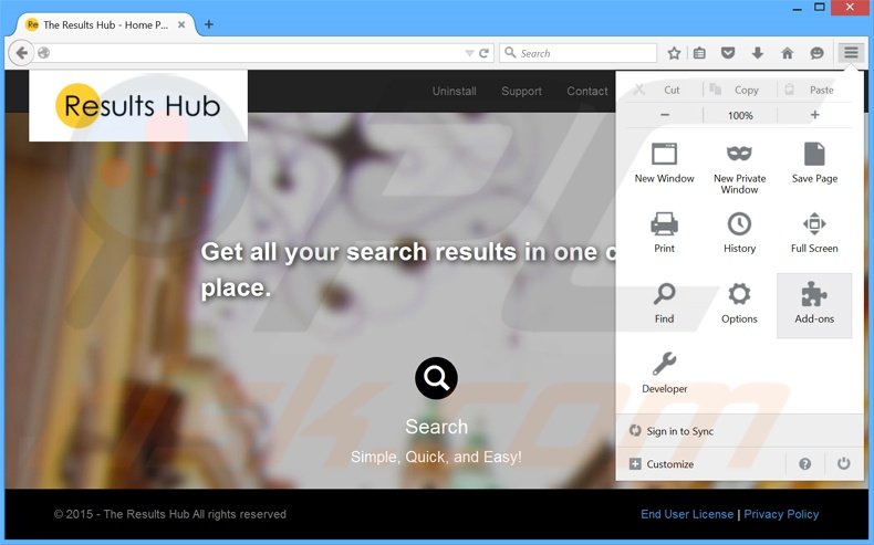 Eliminando los anuncios de The Results Hub de Mozilla Firefox paso 1